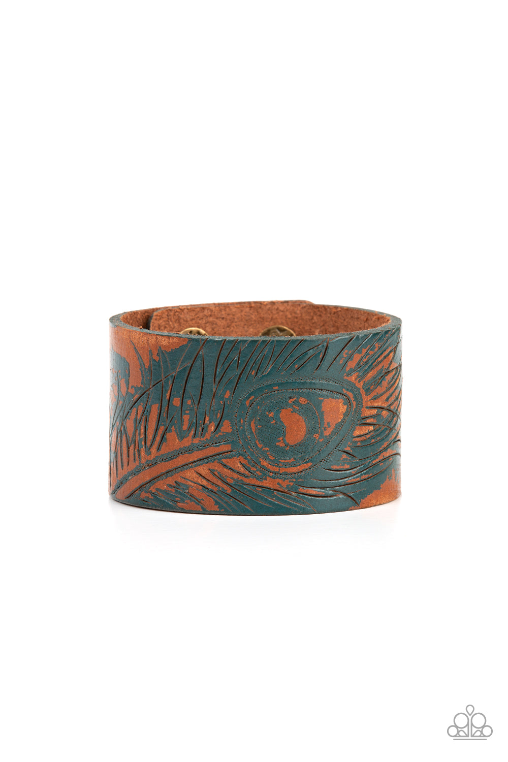 PAPARAZZI POSITIVELY PEACOCK - BLUE FEATHER BROWN LEATHER WRAP BRACELET