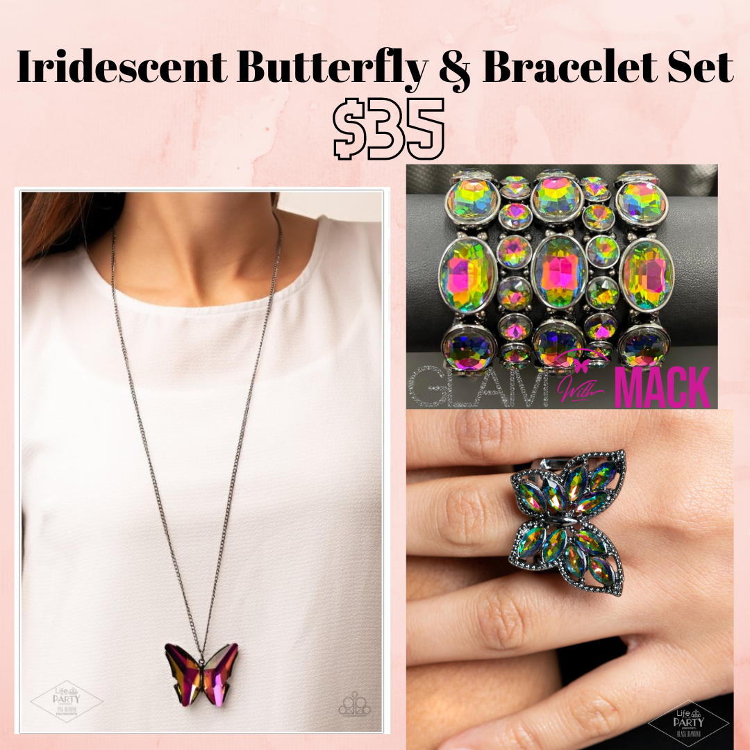 Iridescent Butterfly Necklace , ring & Bracelet Set